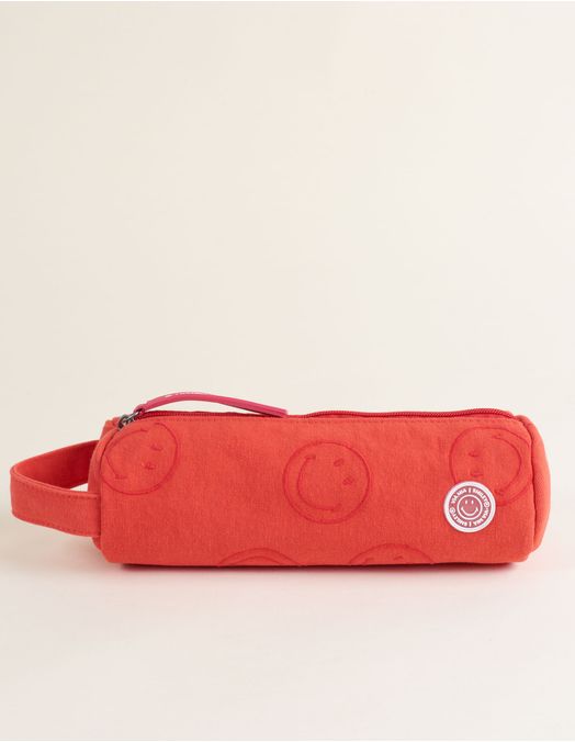 Collab Smiley + Cylindrical Canvas Pencil Case with Embroidery - Red - U