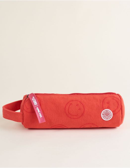 Collab Smiley + Cylindrical Canvas Pencil Case with Embroidery - Red - U