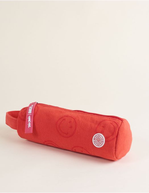 Collab Smiley + Cylindrical Canvas Pencil Case with Embroidery - Red - U