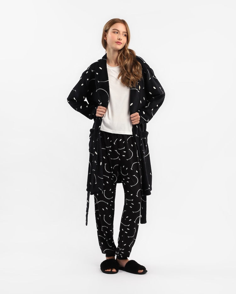 Women's Printed Fleece Robe - Black | The Smile Company