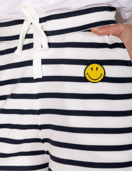 White striped shorts with smiley detail and drawstring