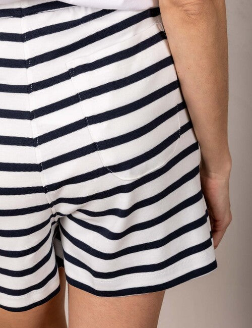 White striped shorts with smiley detail and drawstring
