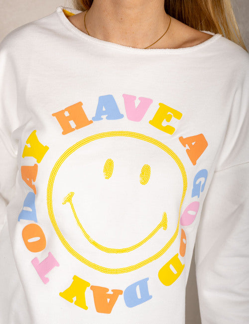 White sweater with smiley face and “Today I Have a Good Day” print