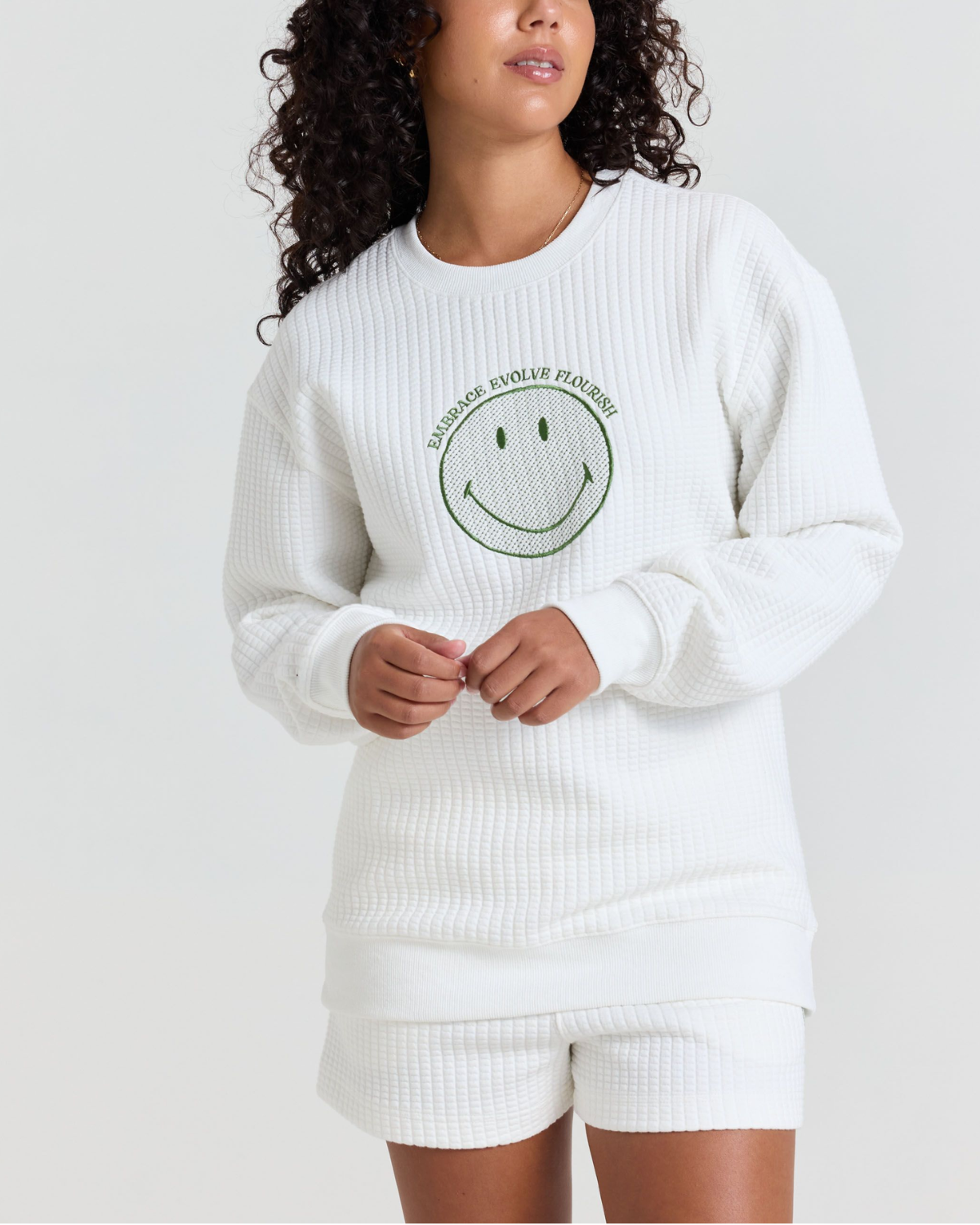 Smiley® Flourish Waffle Crewneck, White