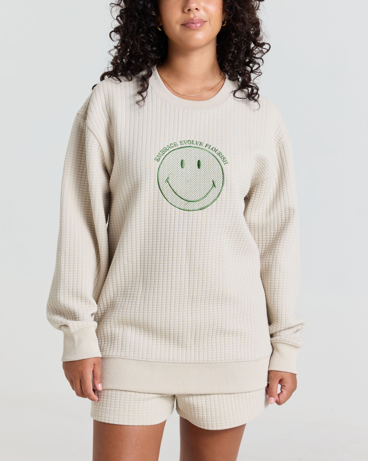 Smiley® Flourish Waffle Crewneck, Tan