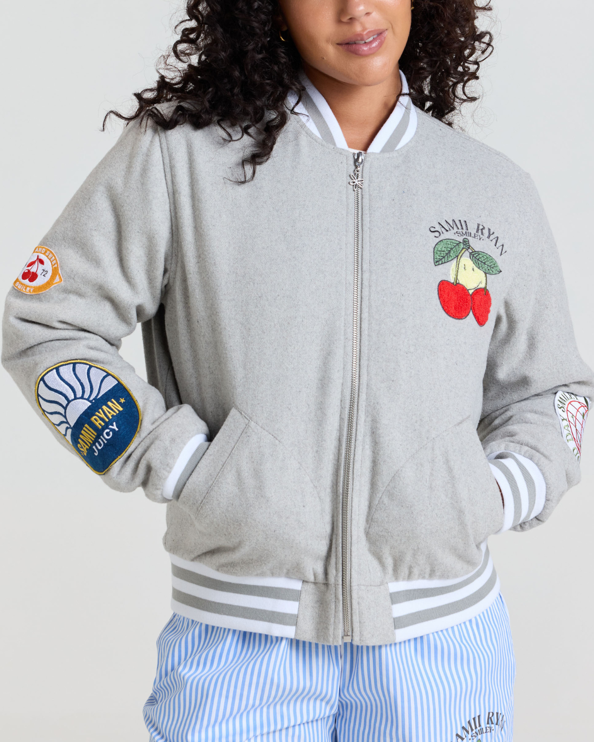 Smiley Freshly Picked Varsity Jacket, Grey