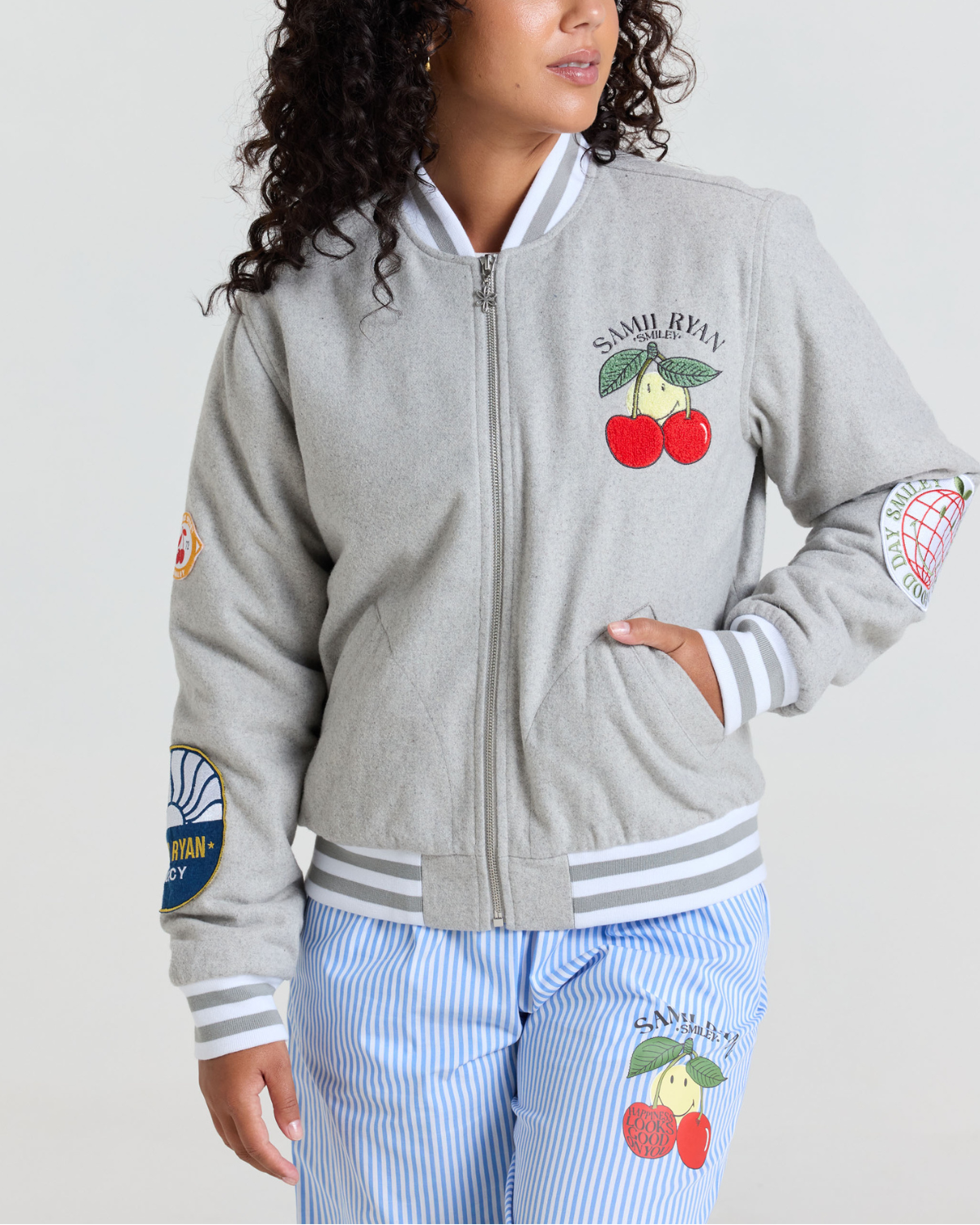 Smiley Freshly Picked Varsity Jacket, Grey