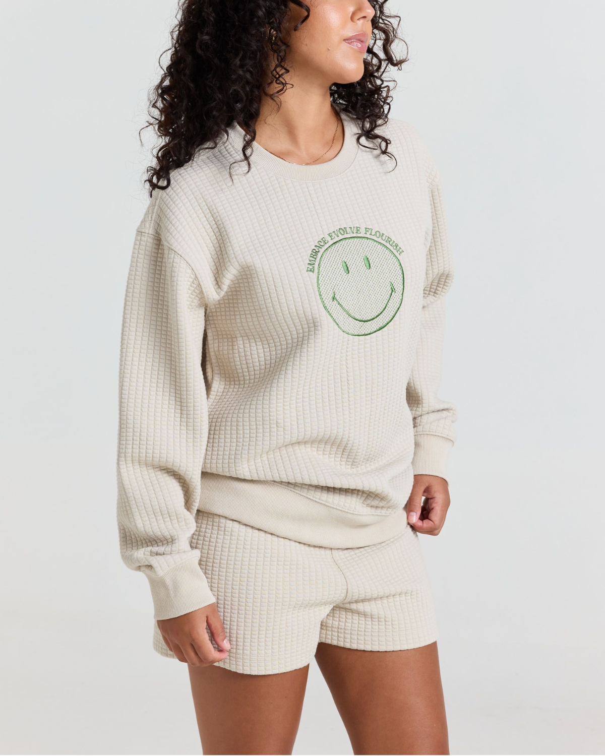Smiley® Flourish Waffle Crewneck, Tan