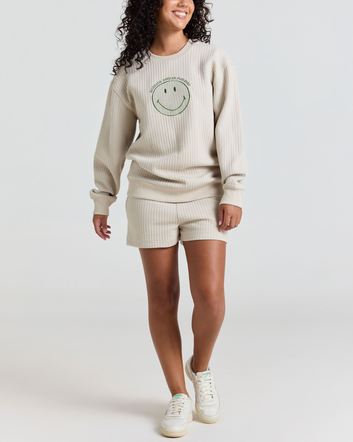 Smiley® Flourish Waffle Crewneck, Tan