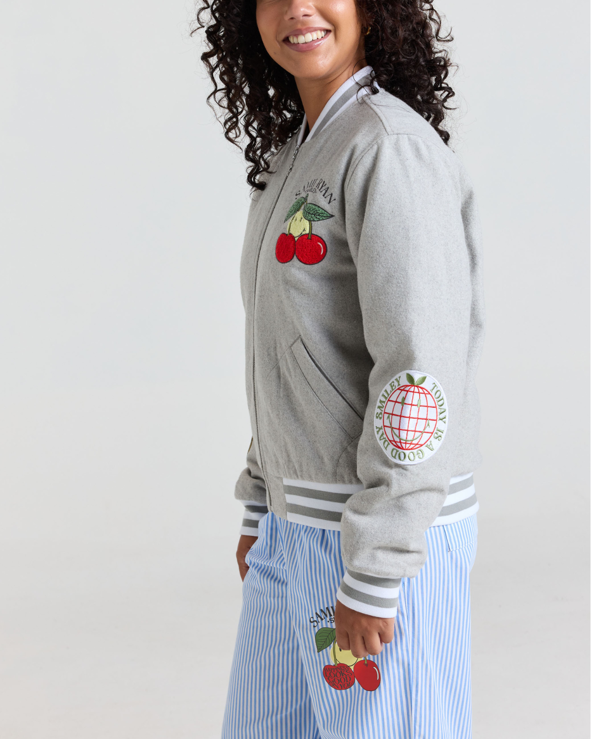 Smiley Freshly Picked Varsity Jacket, Grey