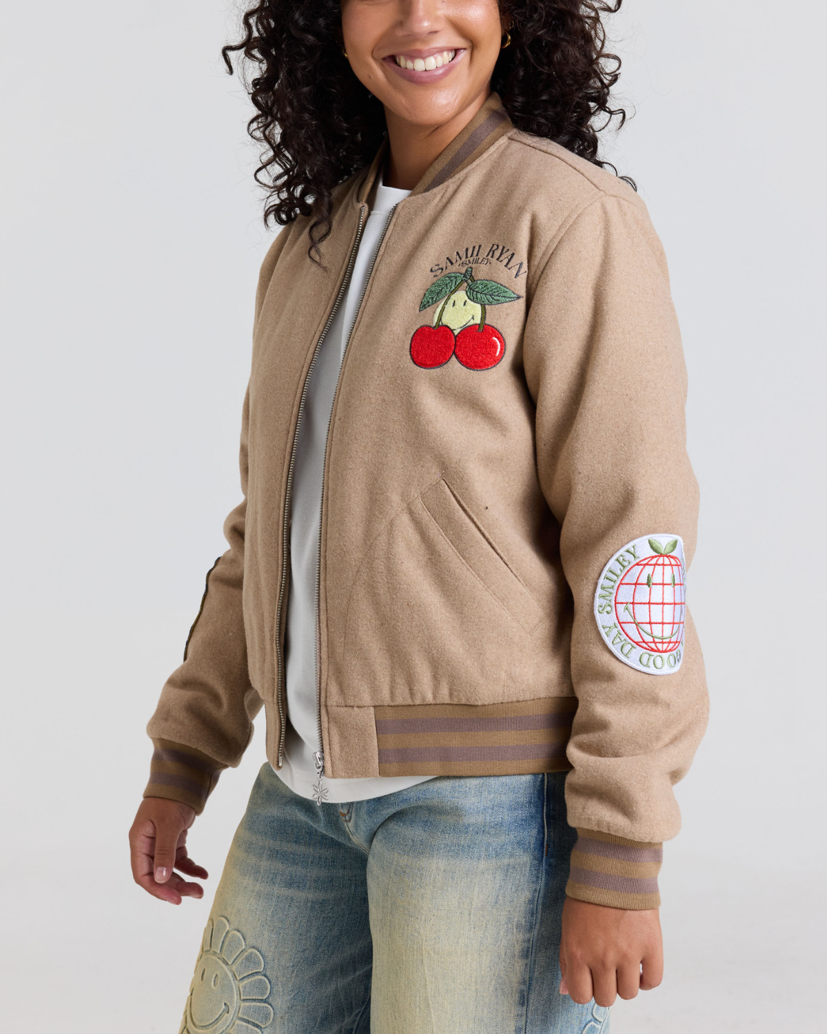 Smiley Freshly Picked Varsity Jacket, Brown