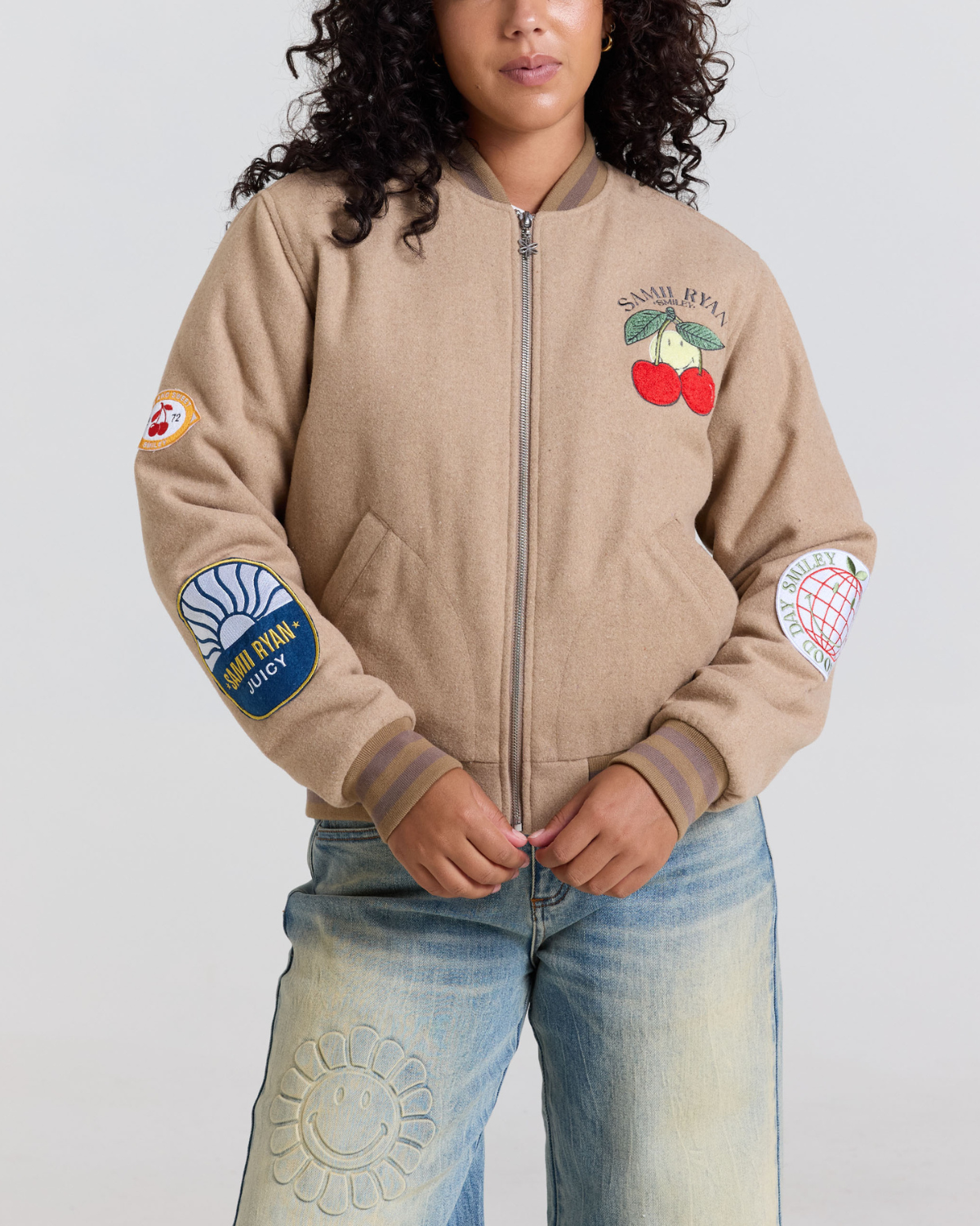 Smiley Freshly Picked Varsity Jacket, Brown