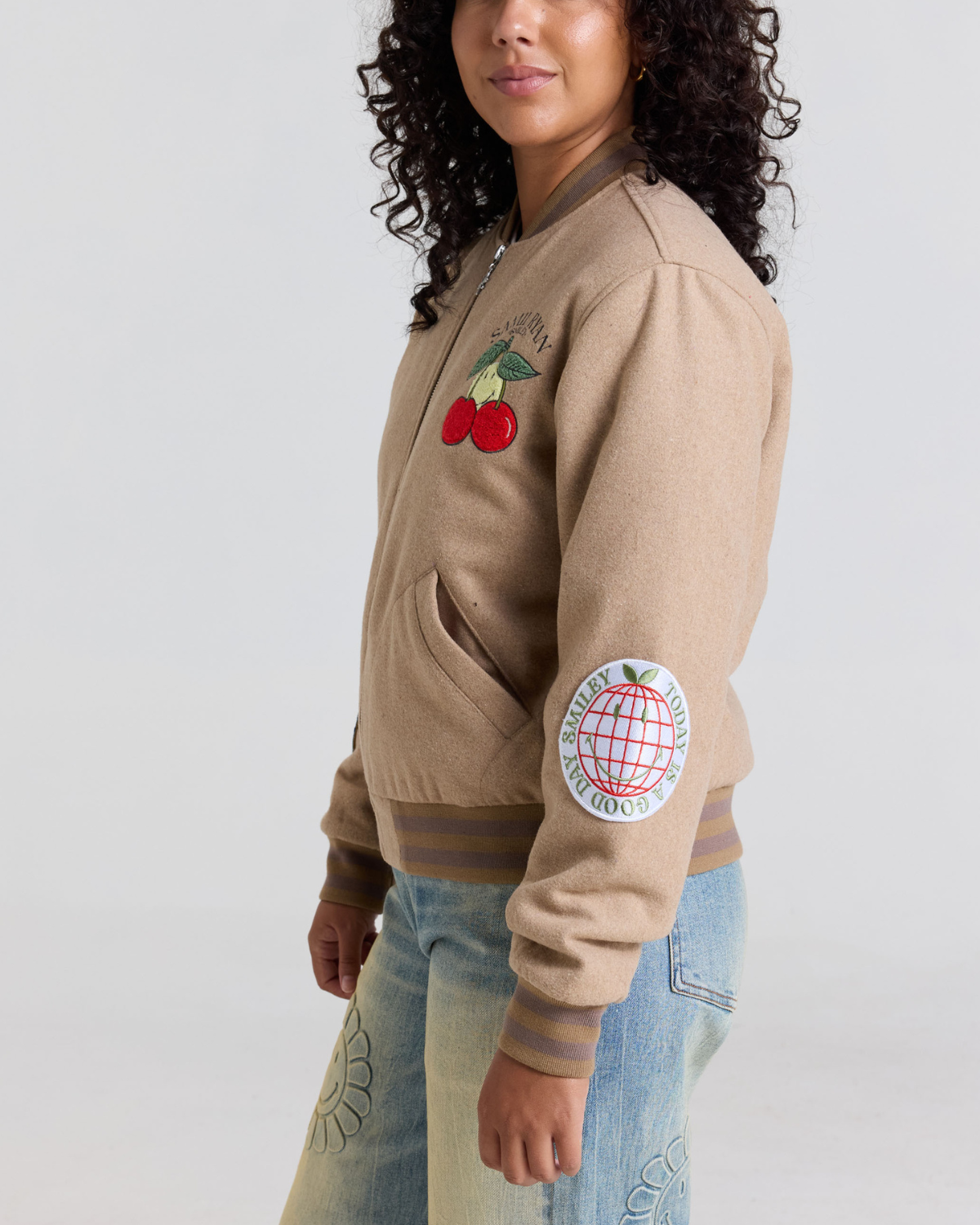 Smiley Freshly Picked Varsity Jacket, Brown