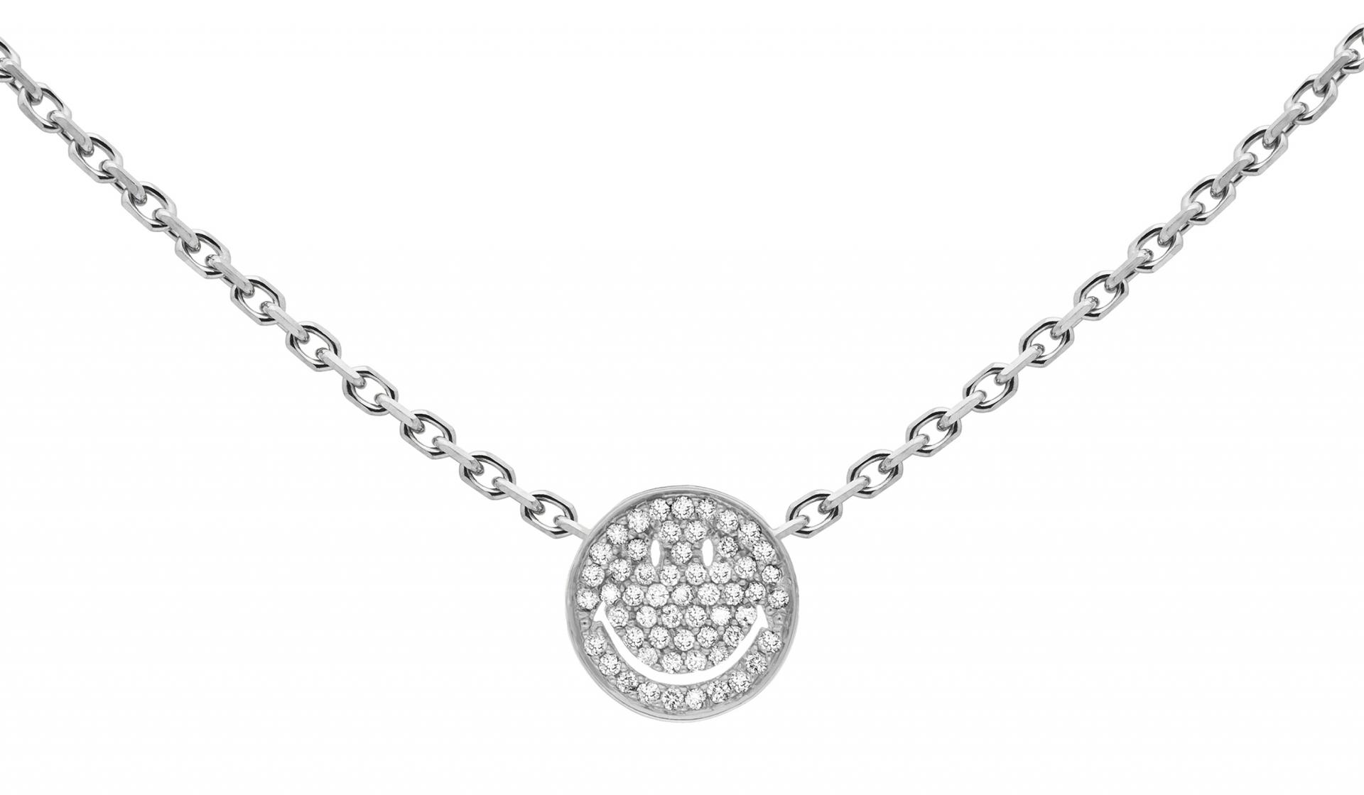 White gold chain necklace with diamond-paved smiley