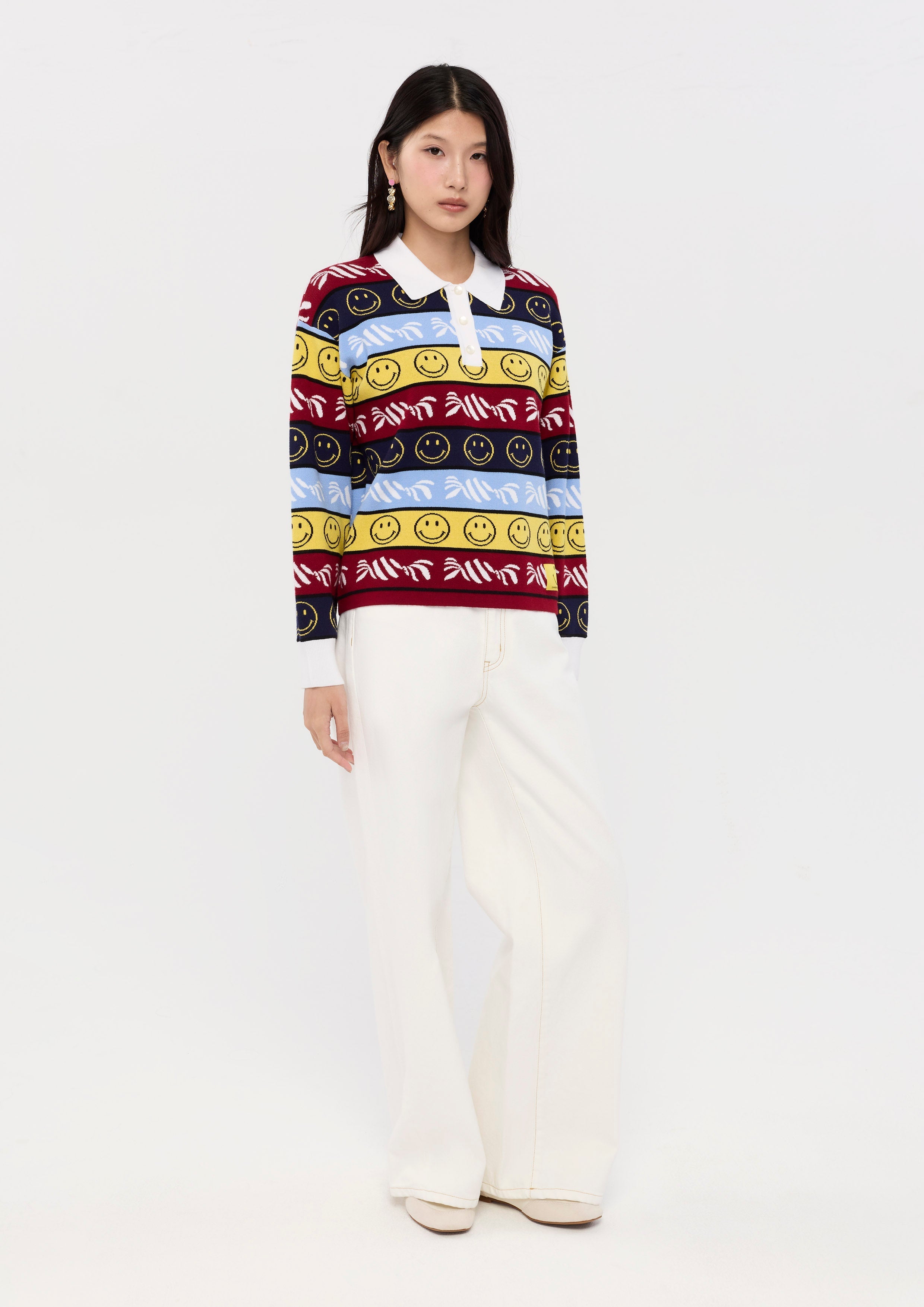 Embroidered Long Sleeve Polo Top Lyn around x SMILEY