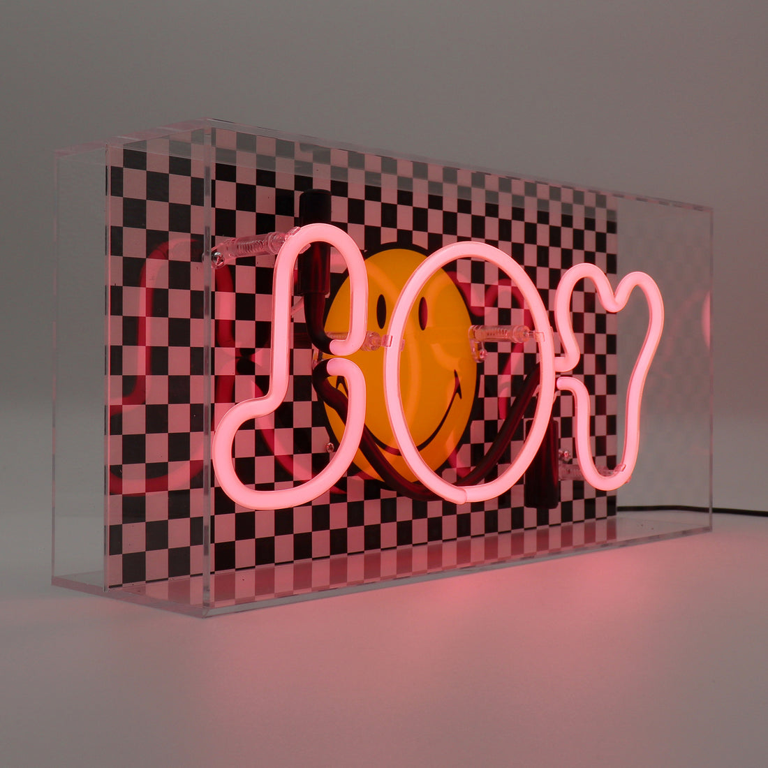 Joy Checkered: The Original Smiley Acrylic Box Glass Neon
