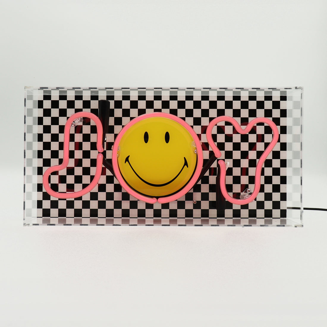 Joy Checkered: The Original Smiley Acrylic Box Glass Neon