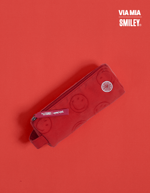 Collab Smiley + Cylindrical Canvas Pencil Case with Embroidery - Red - U