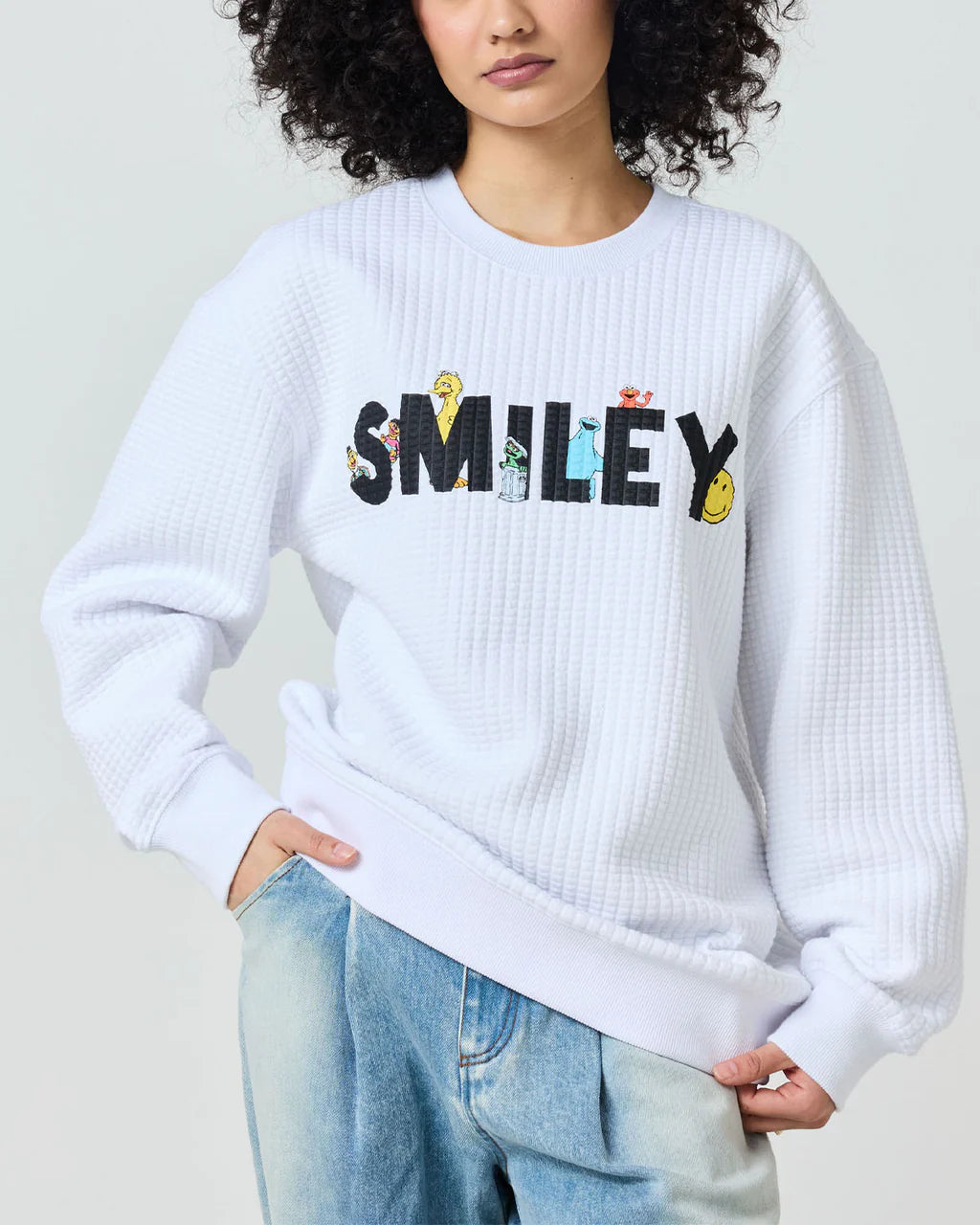 Sesame Street Smile Through It Waffle Crewneck, White