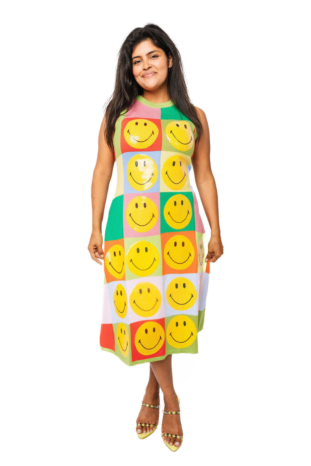 Gaun Midi Rajut Smiley® Multi Kotak-kotak Berlisensi