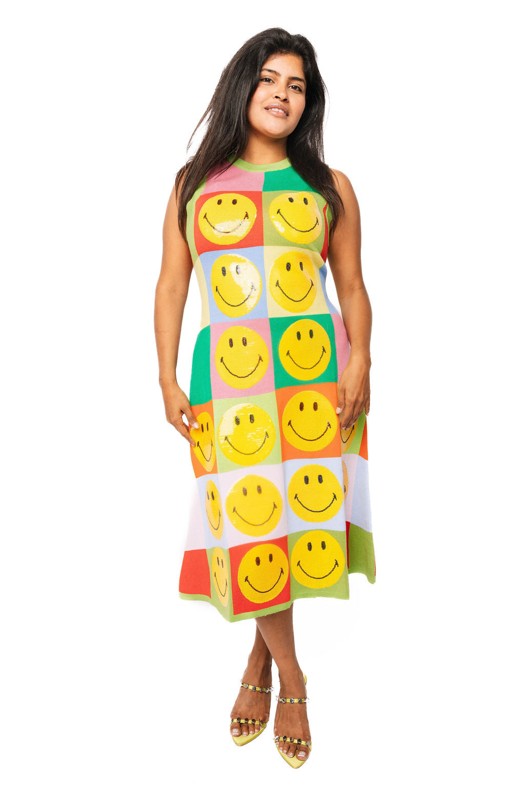 Gaun Midi Rajut Smiley® Multi Kotak-kotak Berlisensi