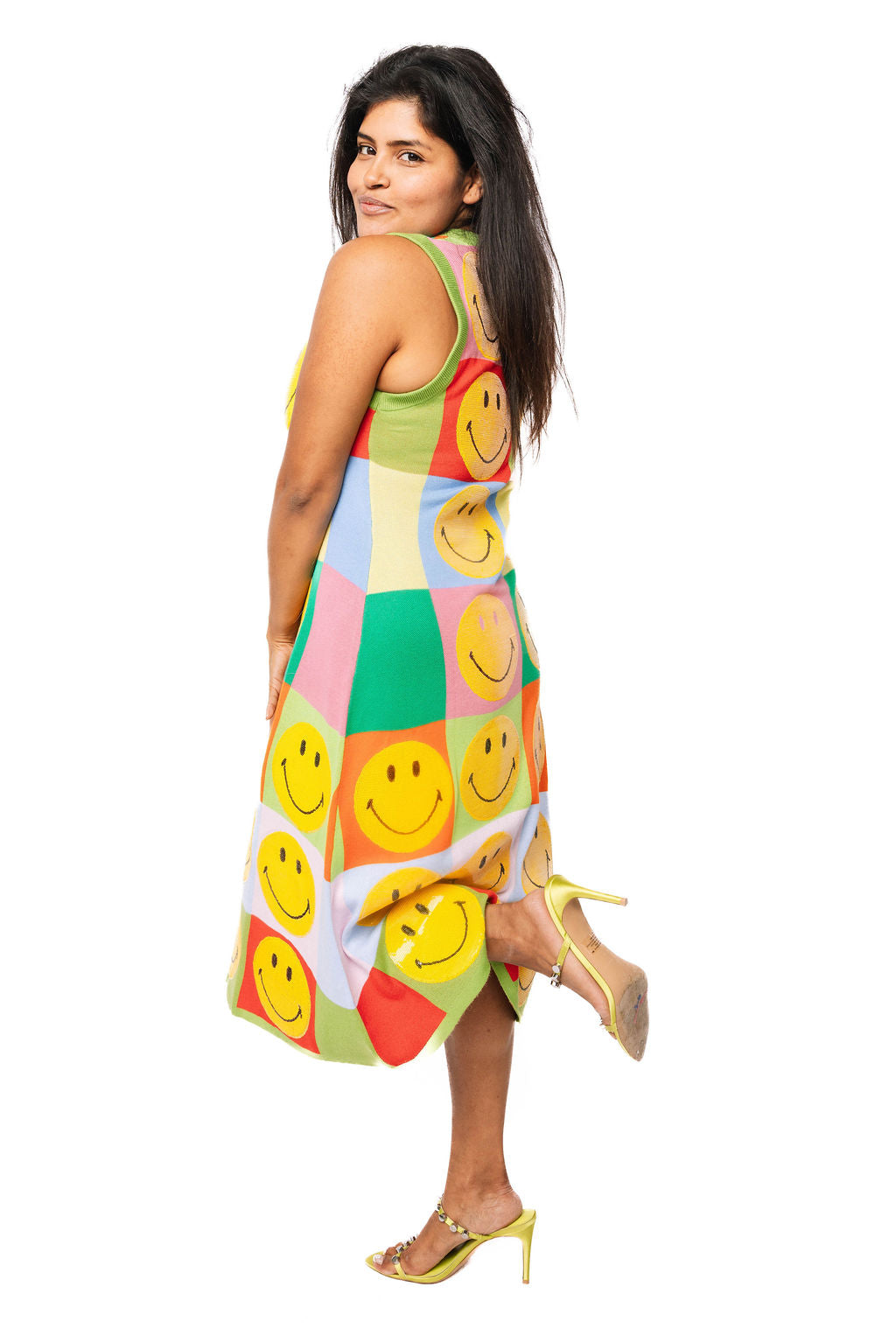 Gaun Midi Rajut Smiley® Multi Kotak-kotak Berlisensi