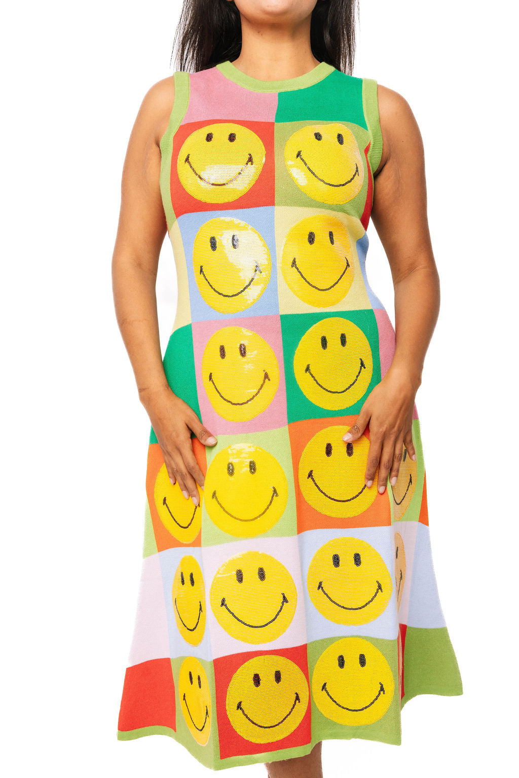 Gaun Midi Rajut Smiley® Multi Kotak-kotak Berlisensi