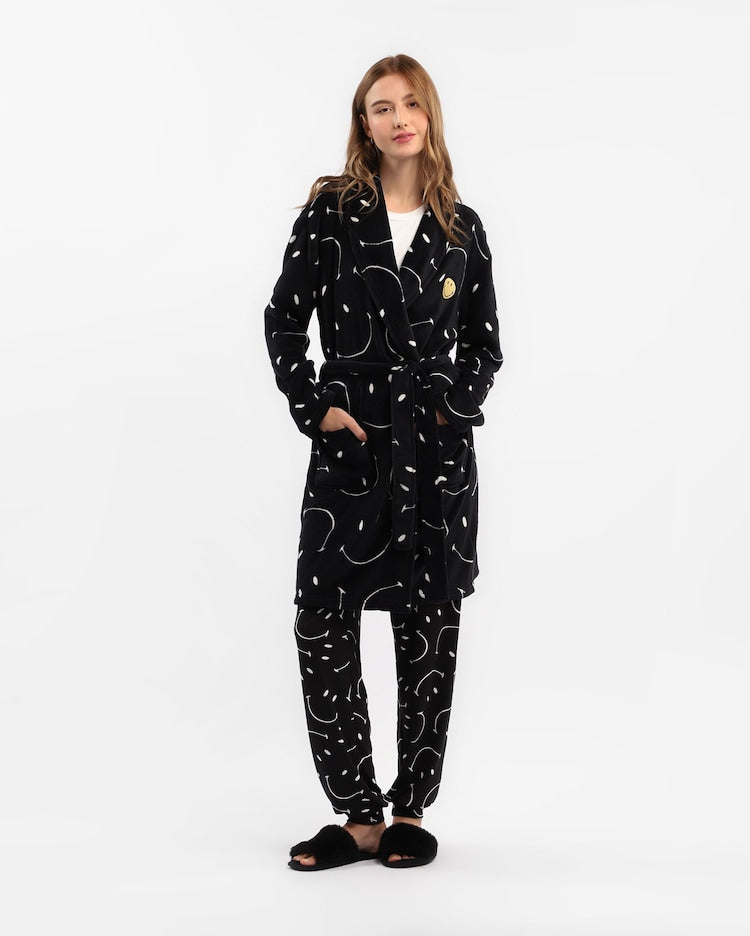 Women's Printed Fleece Robe - Black | The Smile Company
