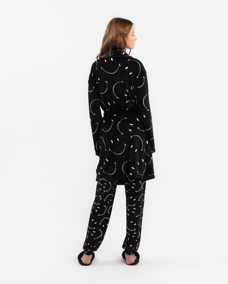 Women's Printed Fleece Robe - Black | The Smile Company