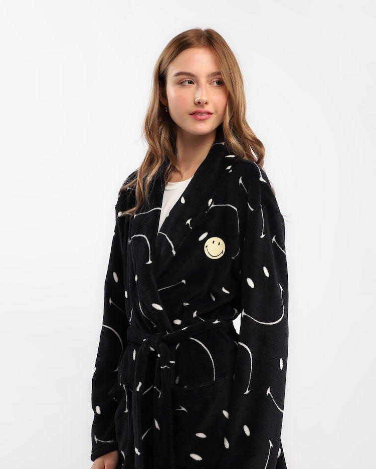 Women's Printed Fleece Robe - Black | The Smile Company